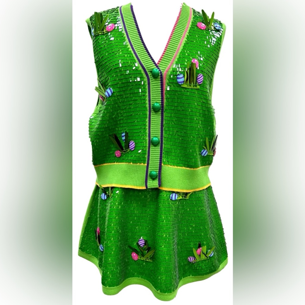 Queen of Sparkles NWT Sequin Easter Egg Grass Vest Size XL - Picture 6 of 11